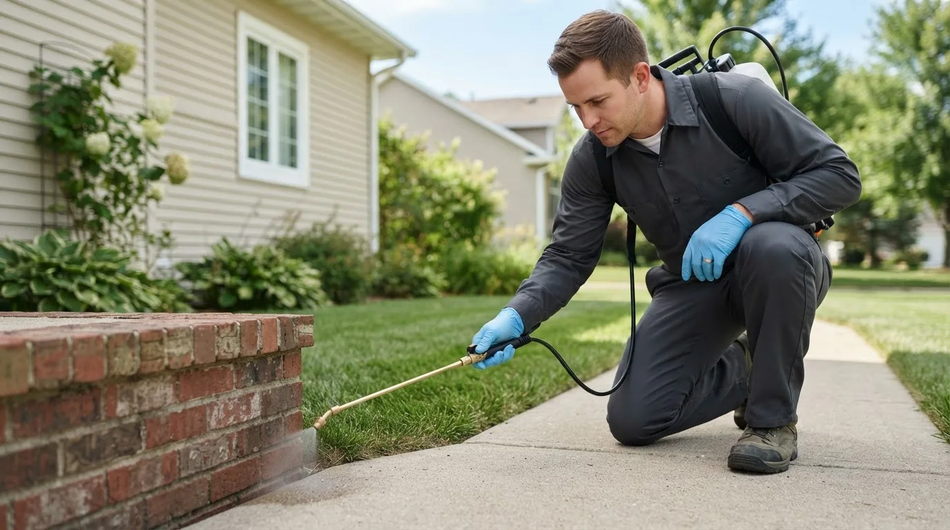 Pest control technician treating a home near Hurley, MO
