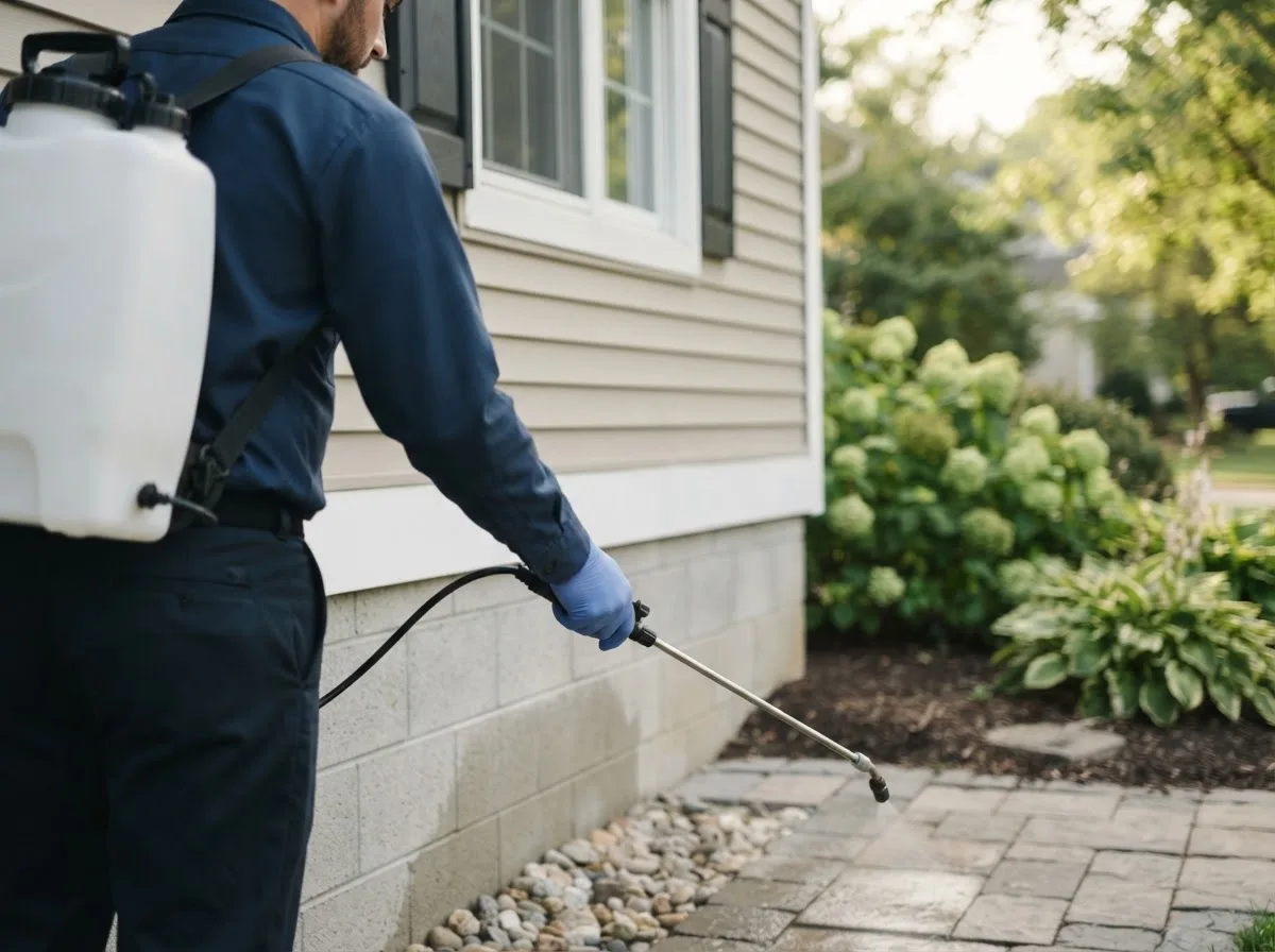 Pest control technician inspecting a home in Hurley, MO